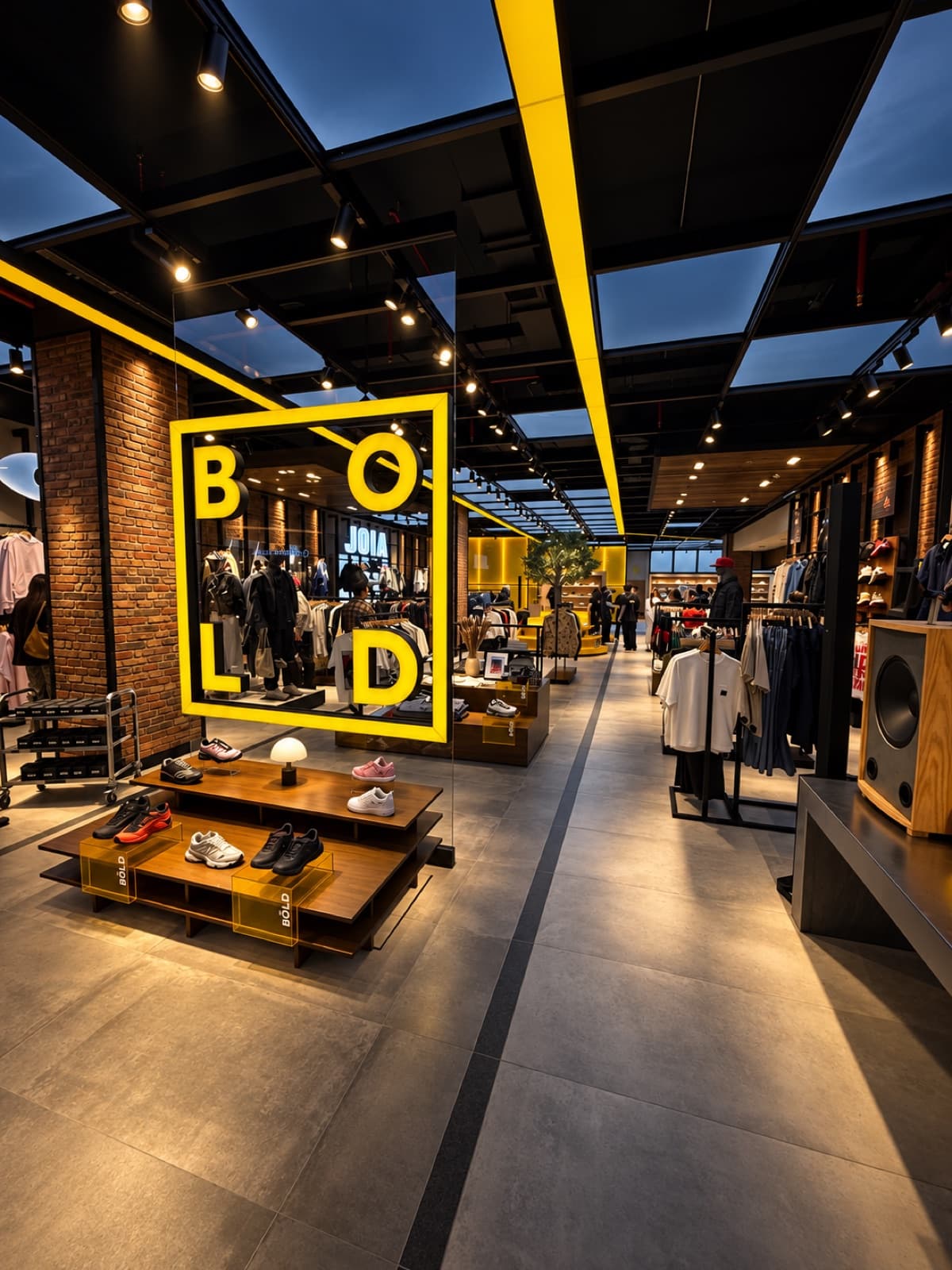 Marco BOLD iluminado en la tienda de Parque Arauco, con el córner JOIA al fondo